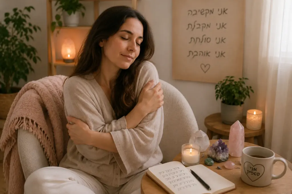 אישה יושבת בחיבוק עצמי באווירה רגועה כחלק מתהליך של חמלה עצמית וריפוי רגשי
